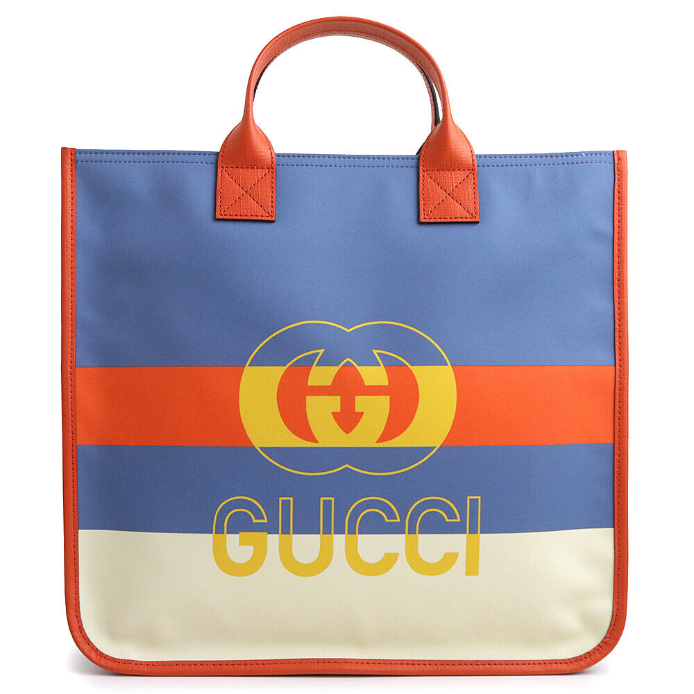 GUCCI Web Stripe Interlocking GG Leather Multicolor Blue Orange White Tote Bag